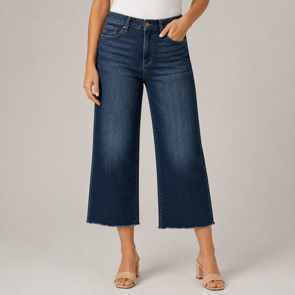 Judy Blue Denim - Judy Blue High Rise Wide Leg Cropped Jeans 16W Dark Wash Raw Hem Stretch Capsule